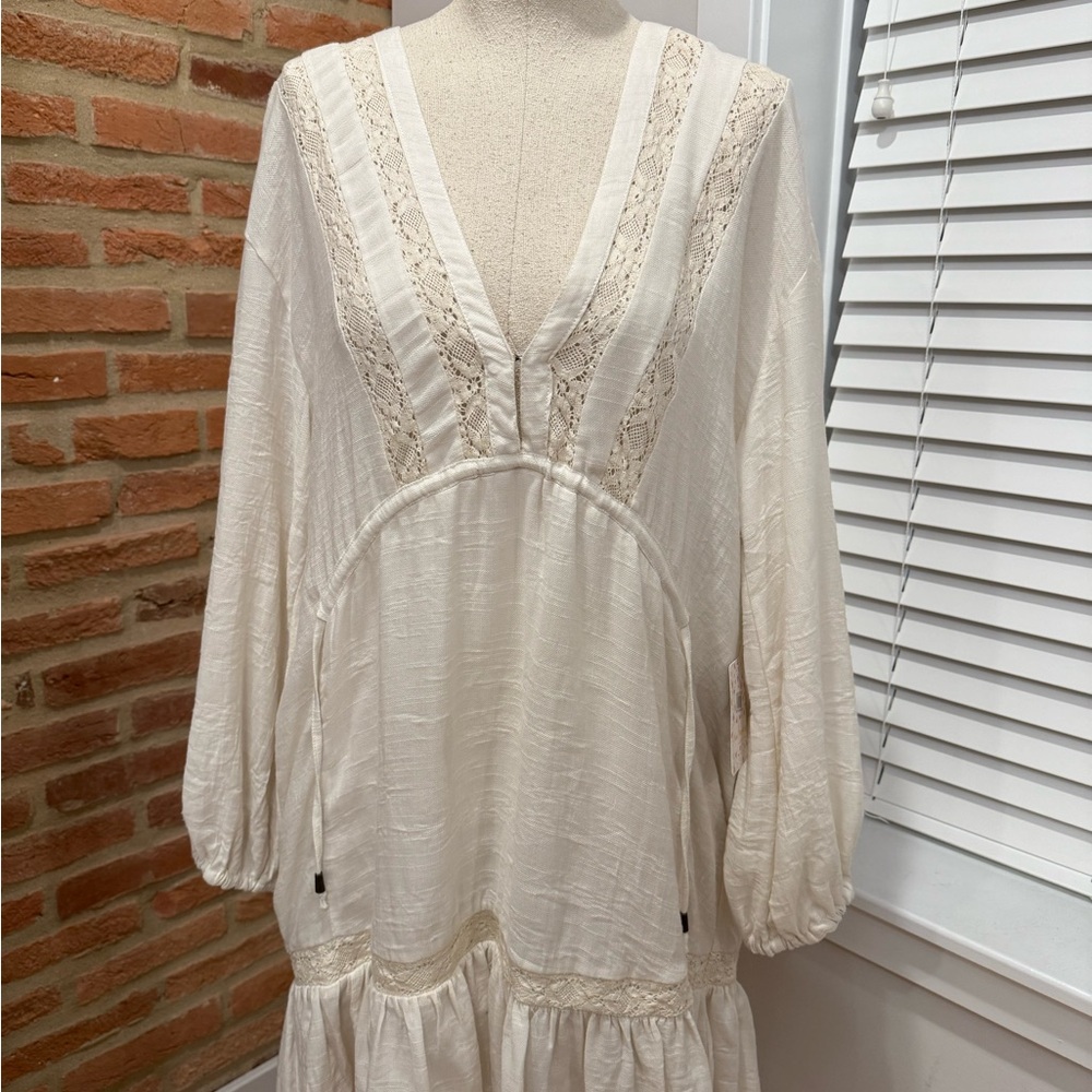 Free People Cream Ruffled Sundress with Plunge Neckline and Long Bishop Sleeves